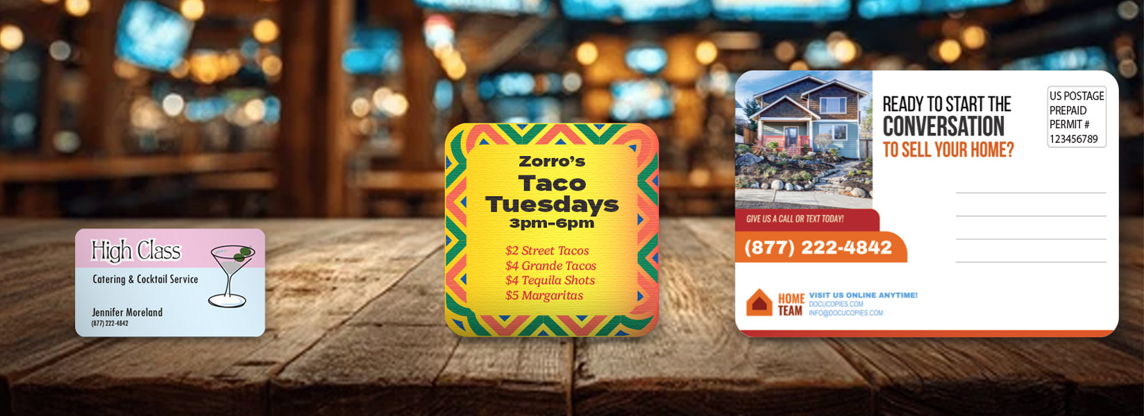 Rounded business cards, postcards and drink coasters